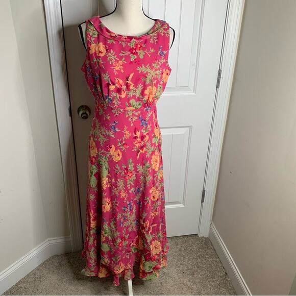 Vintage 90s pink floral drape lettuce hem midi dress size 12 - Picture 1 of 7